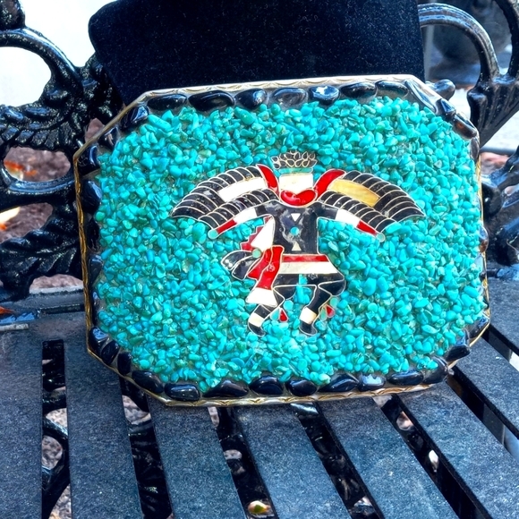 RARE Navajo Begay Knifewing Silver Turquoise ApacheTears Pearl Belt Buckle Art - Picture 1 of 8